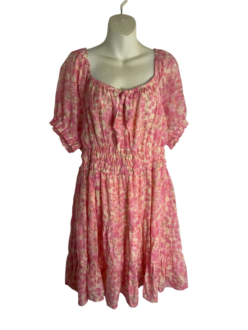 Liberty Love Pink Floral Mini Dress Elastic Waist Scoop Neckline Size 3XL